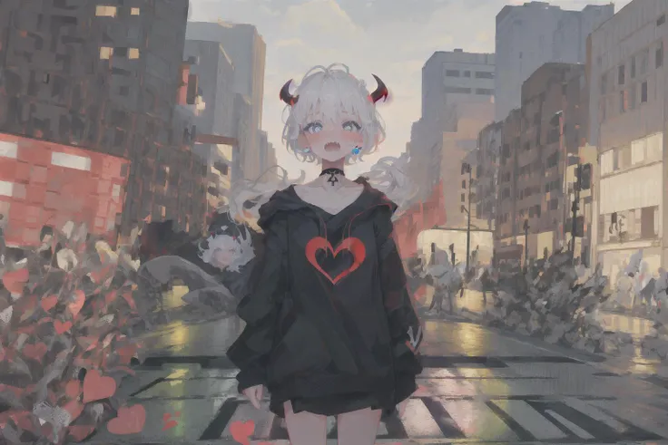 masterpiece, best quality, 1girl,petite,small breasts,short hair,white hair,sharp teeth,fangs,choker,blue eyes,heart shaped pupils,demon horns,blush,(outdoor,pavement,traffic light,road sign),looking at viewer