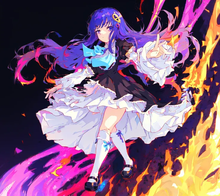 masterpiece, <lora:BErn1060_5000:1>, 1girl, frederica bernkastel, bow, cat tail, dress, frills, gradient, long hair, mary janes, purple hair, shoes, solo, tail ornament, thighhighs, white legwear, pastel. mystical forest