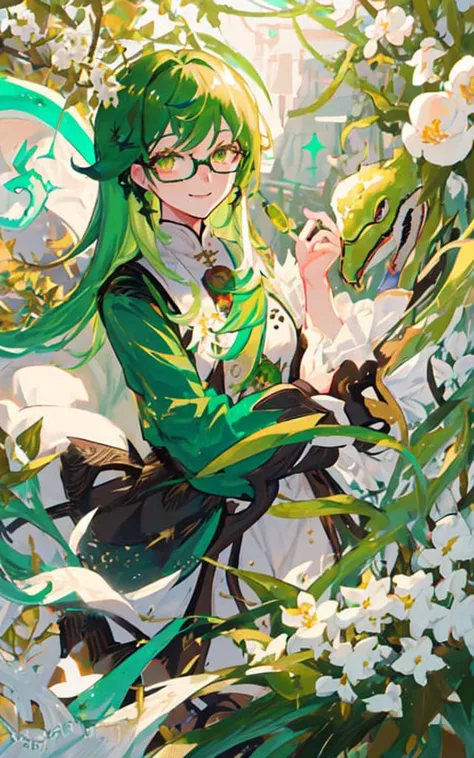 mksks style, baizhu_(genshin_impact), looking at viewer, high res, long hair, green hair, holding white snake, seductive smile, glasses, brown detailed eyes, bright white smoke, masterpiece, best quality, ultra-detailed, illustration, close-up, 1boy, high contrast, colourful, white and green flowers, detailed background