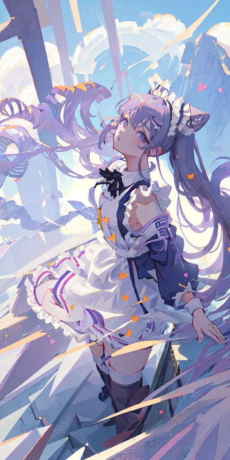 <lora:keqingGenshinImpact3in1_v10:0.7>, best quality, 8k, high quality, highres, keqing (genshin impact), hair bun, purple hair, twintails, purple eyes, hair ornament, cone hair bun, long hair, double bun, bangs, bow, (maid outfit:1.5), maid, maid headdress, thighghighs, stockings, white thighhighs, cleavage cutout, face focus, close up, (heart-shaped pupils:0.9), (blush:0.65), (1girl, solo:1.4), schoolyard, school rooftop, cityscape, blue sky, bright sky, sunny, holding flower, small breasts, detailed background, detailed clouds,