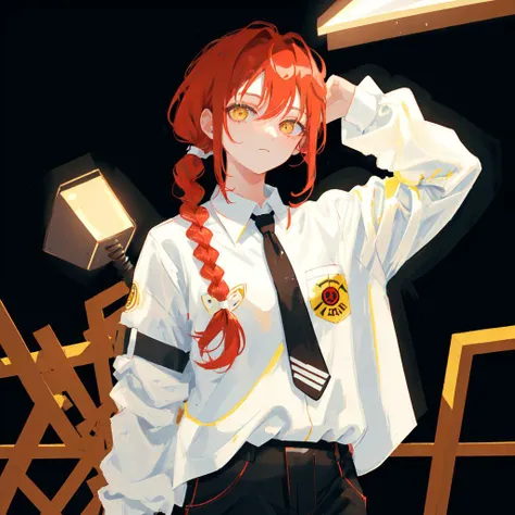 makima \(chainsaw man\), 1girl, cute, bangs, indoors, black necktie, black pants, braid, braided ponytail, collared shirt, cowboy shot, highres, long hair, long sleeves, necktie, red hair, ringed eyes, shirt, sidelocks, solo, uniform, white shirt, yellow eyes, large breasts, <lora:makimaChainsawMan_offset:1>, (black background:1), (simple background), studio lights, (spotlight), portrait