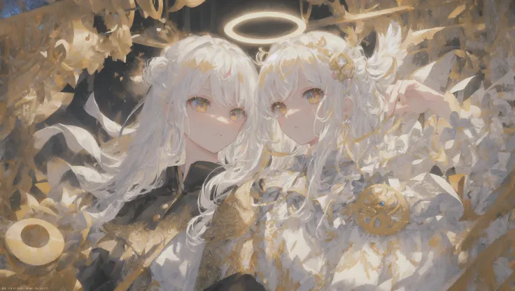 masterpiece, best quality, ultra-detailed, illustration, close-up, straight on, face focus, white hair, golden eyes, long hair, halo, serene expression, looking at viewer,two girls,close togather