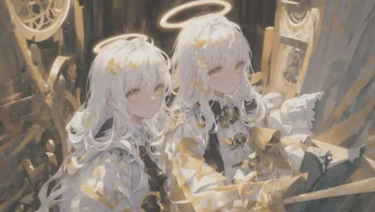 masterpiece, best quality, ultra-detailed, illustration, close-up, straight on, face focus, white hair, golden eyes, long hair, halo, serene expression, looking at viewer,two girls,close togather