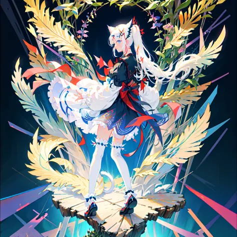 mksks style, masterpiece, <lora:BErn1060_5000:1>, 1girl, sword, cat tail, dress, frills, gradient, long hair, mary janes, white hair, shoes, solo, tail ornament, thighhighs, white legwear, mystical forest, fixed lens 50mm