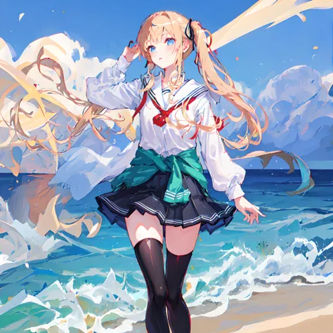 masterpiece, best quality, eririschool, 1girl, solo, ocean, black thighhighs, skirt, clothes around waist,