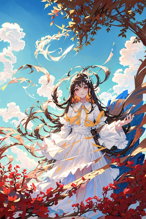 (masterpiece:1.2), (best quality:1.2),
sky, beautiful detailed sky, cloud, morning,beautiful detailed sky,
(1girl:1.2), upper body,(beautiful face,beautiful eyes:1.0), white long dress,brown eyes,  long dress, 
from below,spider lily,lens flare abuse, (surface light: 1.2),
cinematic light, realistic shadow,(god rays: 1.3)