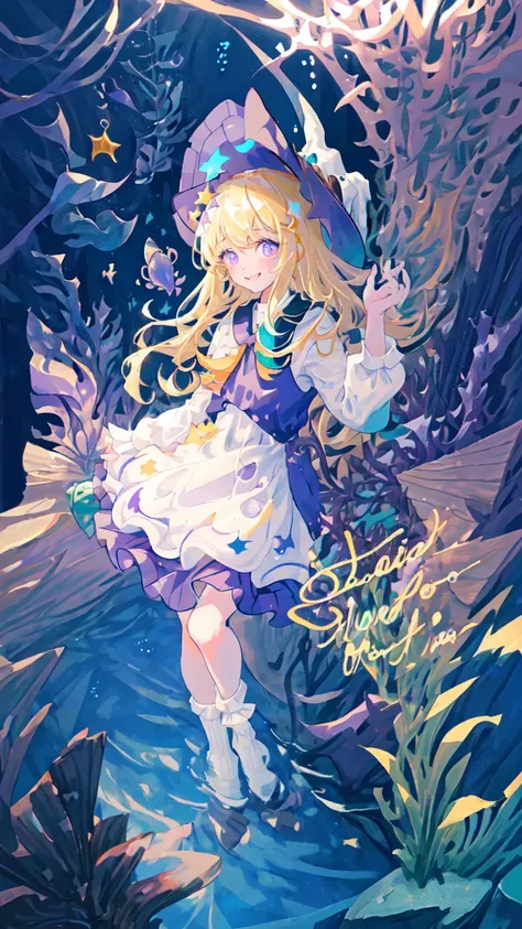 masterpiece, best quality, 1girl, petite, small breasts, long hair, blonde hair, (witch hat), (slightly smile), purple eyes, (star shaped pupils), (underwater, kelp, aquarium), looking at viewer, solo, alice in wonderland dress, long socks, stripe blue socks, broom, floating, rim lights, cinematic lighting, ((water splash)), (fish)