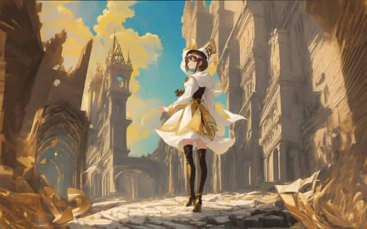 mksks style,masterpiece, best quality, intricate detail, artbook,ultra-detailed, illustration, ray tracing,  close-up, (full body), from behind,standing,black dress, thigh boots,straight on, face focus, (((1girl))),(single), short brown hair, colorful eyes, short hair, gold ornaments,serene expression, (white witch hat), (white cloak), extremely detailed building debris, golden city, high resolution background, realistic background, bright sky, sparkles, (rainbow)