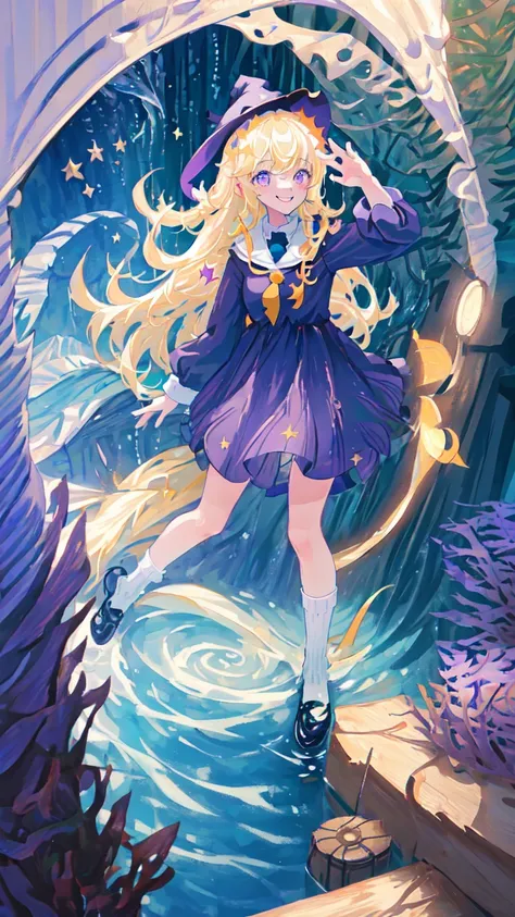 masterpiece, best quality, 1girl, petite, small breasts, long hair, blonde hair, (witch hat), (slightly smile), purple eyes, (star shaped pupils), (underwater, kelp, aquarium), looking at viewer, solo, alice in wonderland dress, long socks, stripe blue socks, broom, floating, rim lights, cinematic lighting, ((water splash)), (fish)