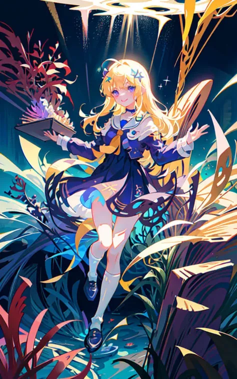 masterpiece, best quality, 1girl, petite, small breasts, long hair, blonde hair, smile, purple eyes, star shaped pupils, (underwater, kelp, aquarium, fish floating), looking at viewer, solo, alice in wonderland dress, long socks, stripe blue socks, broom, floating, rim lights, cinematic lighting
