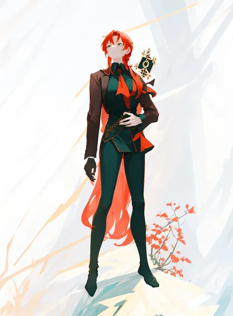 (extremely detailed CG unity 8k wallpaper) trending on ArtStation, trending on CGSociety, Intricate, High Detail, Sharp focus, dramatic, tarot card, red haired girl held by large green man, tight black dress, leggings, man wearing suit