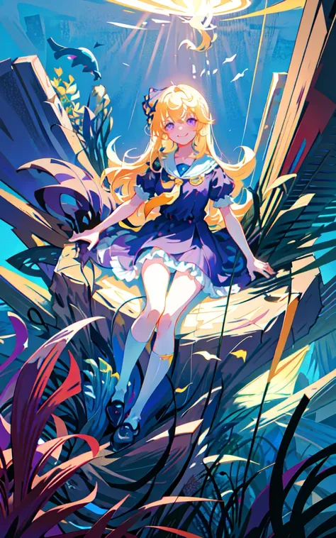 masterpiece, best quality, 1girl, petite, small breasts, long hair, blonde hair, smile, purple eyes, star shaped pupils, (underwater, kelp, aquarium, fish floating), looking at viewer, solo, alice in wonderland dress, long socks, stripe blue socks, broom, floating, rim lights, cinematic lighting