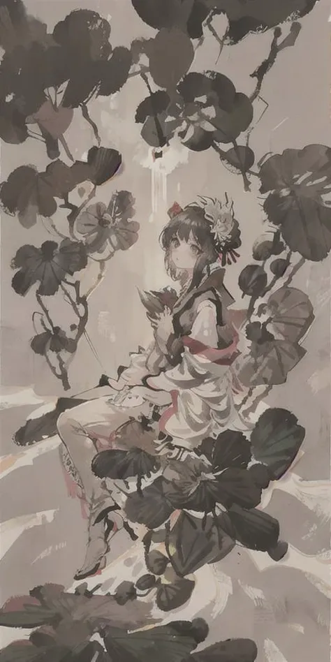 shukezouma, negative space, , shuimobysim , Lotus flower, lotus leaf, traditional chinese ink painting,girl