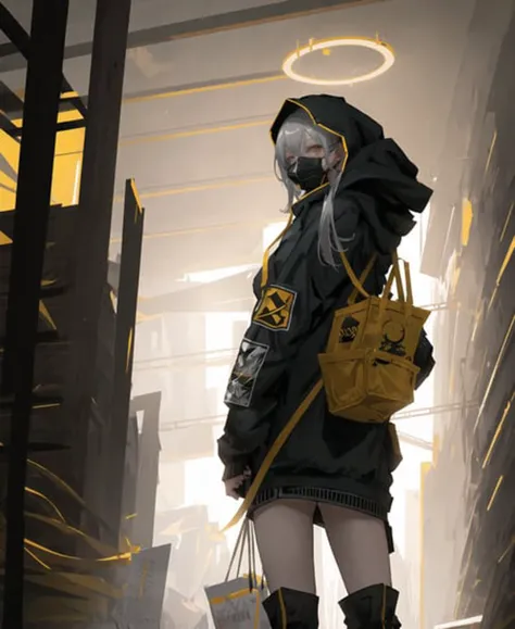 a highly detailed epic cinematic concept art CG render digital painting artwork of a girl in a grey hoodie with a yellow rebreather half-mask. By Greg Rutkowski, Ilya Kuvshinov, WLOP, Stanley Artgerm Lau, Ruan Jia and Fenghua Zhong, trending on ArtStation, made in Maya, Blender and Photoshop, octane render, excellent composition, cinematic atmosphere, dynamic dramatic cinematic lighting, aesthetic, very inspirational, arthouse,
