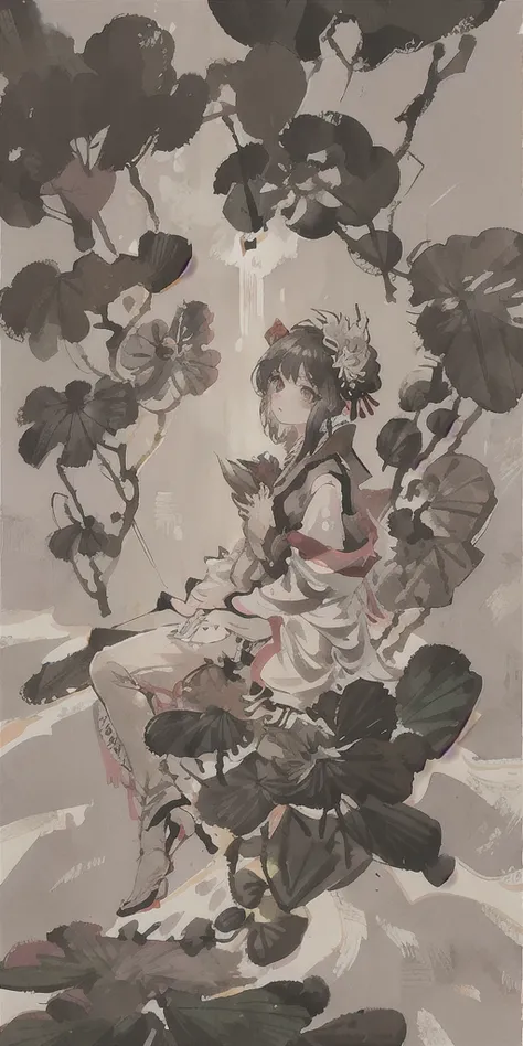 shukezouma, negative space, , shuimobysim , Lotus flower, lotus leaf, traditional chinese ink painting,girl