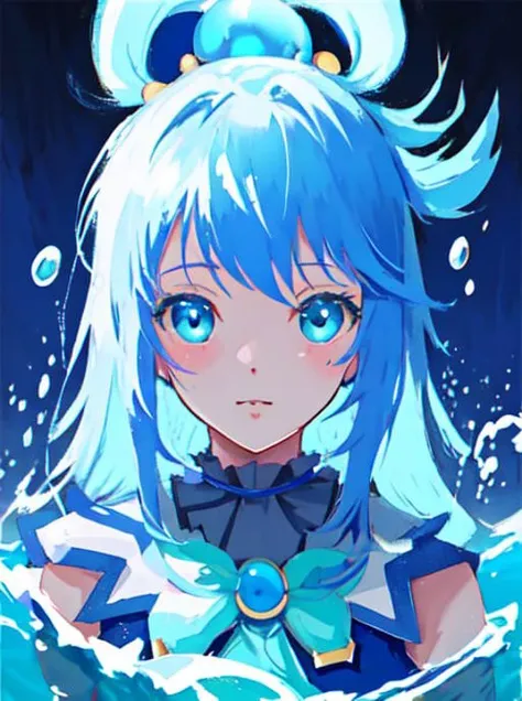 masterpiece, best quality, ultra-detailed, illustration, portrait, 1girl, <lora:aquaKonosubaLora_1:1>, blue hair, (AQUA \(KONOSUBA\)), water splash, water