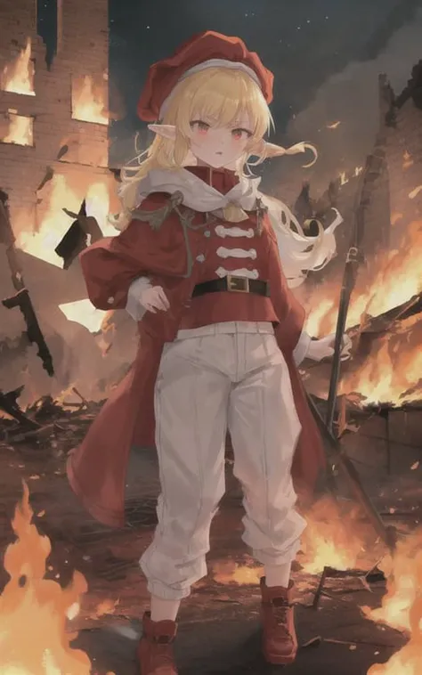 mksks style, short elf girl, red mage outfit, red puffy hat, white pants, blond hair, masterpiece, best quality, menacing expression, 1girl, burnt city, burnt buildings, surrounded by fire, night time, lit by fire, looking at viewer