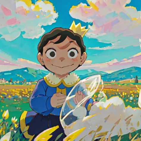 ousamaranking style, bojji, 1boy, 1other, black eyes, black hair, cloud, cloudy sky, crown, field, flower, grass, holding, long sleeves, male focus, mini crown, outdoors, scenery, short hair, sky, smile , ((masterpiece)) , <lora:ousamaRankingStyle_1:0.7>, close up