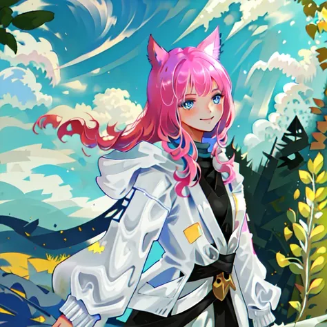 (best quality, masterpiece, ultra detailed), 1girl, ((layrah)), blue eyes, <lora:layrah3:1.1>, pink hair, (facial mark:0.7) , (star:0.5), (from side), wind, flying hair, smile, animal ears, flat colors, long hair