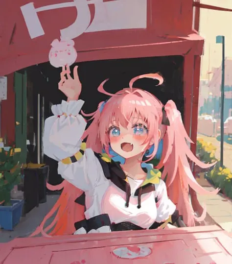 masterpiece, best quality, ultra-detailed, illustration, portrait, 1girl, pink hair, twin tails, fang, blush, <lora:milimnava235_v10:0.8>