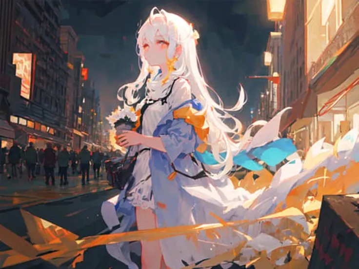 ((masterpiece,best quality)),1girl, solo, ultra-detailed, illustration, close-up, straight on,white hair,long long hair,  golden eyes, long hair,serene expression, looking at viewer,city, Urban Nightscape Background,Exquisite buildings,(Delicate background),(Soft glow:1.1),