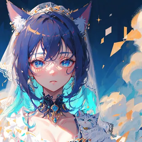 masterpiece, best quality, ultra-detailed, illustration, portrait,close-up,1girl,short blue hair,cat ears,choker, jewelry,veil,
