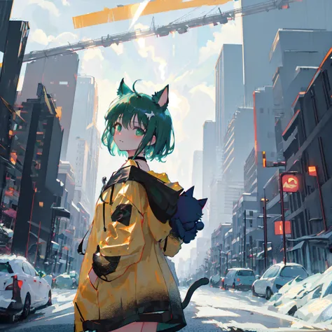 masterpiece, best quality, ultra-detailed, illustration, portrait,looking at viewer,1girl,black raincoat,green short hair,cat ears,green eyes,choker,night skyscraper,off shoulder,god rays,ray tracing