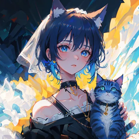masterpiece, best quality, ultra-detailed, illustration, portrait,close-up,1girl,short blue hair,cat ears,choker, jewelry,veil,