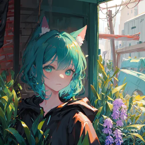 masterpiece, best quality, ultra-detailed, illustration, portrait,looking at viewer,1girl,black raincoat,green short hair,cat ears,green eyes,hyacinth