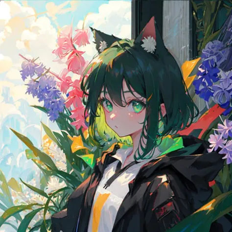 masterpiece, best quality, ultra-detailed, illustration, portrait,looking at viewer,1girl,black raincoat,green short hair,cat ears,green eyes,hyacinth