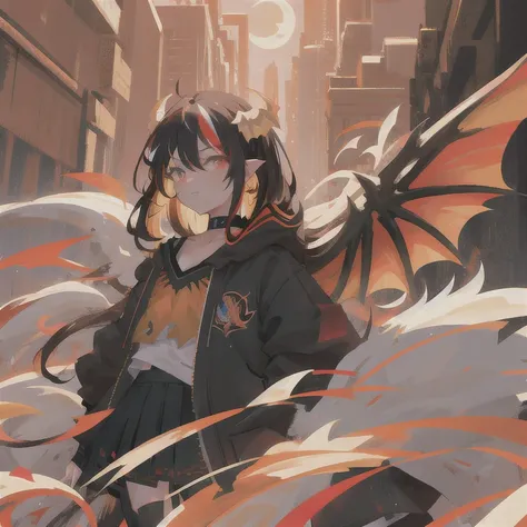 anime girl with dragon wings and a tail, highlights in hair, multicolored hair, highlights, (masterpiece, best quality, extremely detailed CG, beautiful detailed eyes, ultra-detailed, intricate details:1.2), 8k wallpaper, elaborate features, (1girl, solo:1.4), (multicolored hair:1.2),(black hair:1.2), long hair, streaked hair, looking at viewer, demon horns, earring, choker, upper body, floating hair, open jacket, night, full moon,outdoors, heterochromia, dragon wings, dragon tail, dragon, different colored eyes, streaked hair, multicolored eyes, demon horns pointing back