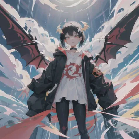 1girl, anime girl with black hair with highlights in her hair and dragon wings and tail standing in the rain and lightening in the background, masterpiece, fine detail, dragon, best quality, extremely beautiful detailed eyes, ultra-detailed, elaborate features, demon horns, tail, dragon tail, detailed face, high quality, cute, beautiful, high definition, cinematic lighting, character portrait, anatomy, face, safi'jiiva, heterochromia eyes, heterochromia, choker, demon, big wings, disdain, narrow eyes, glowing eyes, messed up clothes, defeated