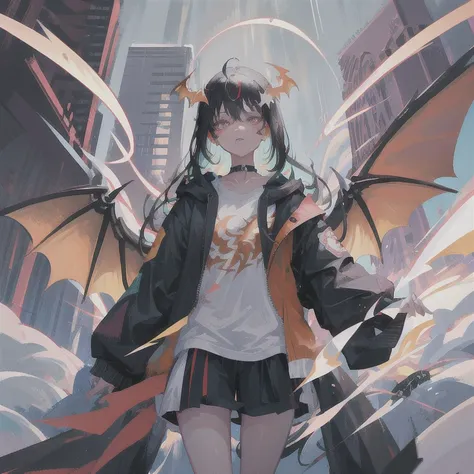 1girl, anime girl with black hair with highlights in her hair and dragon wings and tail standing in the rain and lightening in the background, masterpiece, fine detail, dragon, best quality, extremely beautiful detailed eyes, ultra-detailed, elaborate features, demon horns, tail, dragon tail, detailed face, high quality, cute, beautiful, high definition, cinematic lighting, character portrait, anatomy, face, safi'jiiva, heterochromia eyes, heterochromia, choker, demon, big wings, disdain, narrow eyes, glowing eyes, messed up clothes, defeated