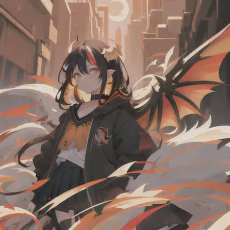 anime girl with  dragon wings and a tail, highlights in hair, multicolored hair, highlights, (masterpiece, best quality, extremely detailed CG, beautiful detailed eyes, ultra-detailed, intricate details:1.2), 8k wallpaper, elaborate features, (1girl, solo:1.4), (multicolored hair:1.2),(black hair:1.2), long hair, streaked hair, looking at viewer, demon horns, earring,  choker, upper body, floating hair, open jacket, night, full moon,outdoors, heterochromia, dragon wings, dragon tail, dragon, different colored eyes, streaked hair, multicolored eyes, demon horns pointing back