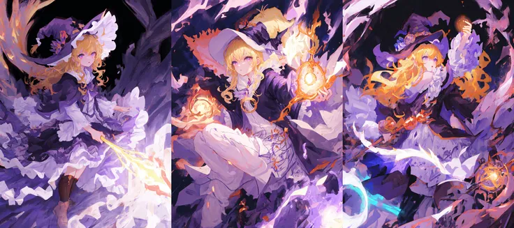 masterpiece, best quality, ultra-detailed, illustration, 1girl, witch hat, purple eyes, blonde hair, wielding a purple staff blasting purple energy, purple beam, purple effects, dragons, chaos