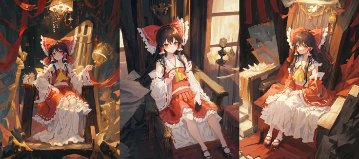 masterpiece, best quality, ultra-detailed, illustration, portrait, hakurei reimu, 1girl, throne room, dimly lit
