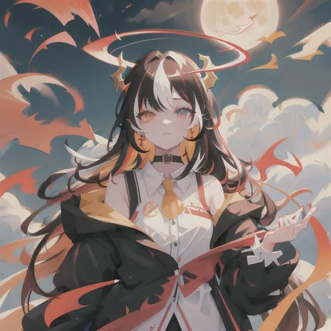 anime girl with  dragon wings and a tail, villaness, highlights in hair, multicolored hair, highlights, (masterpiece, best quality, extremely detailed CG, beautiful detailed eyes, ultra-detailed, intricate details:1.2), 8k wallpaper, elaborate features, (1girl, solo:1.4), (multicolored hair:1.2),(black hair:1.2), long hair, streaked hair, looking at viewer, demon horns, earring,  choker, upper body, floating hair, open jacket, night, full moon,outdoors, heterochromia, dragon wings, dragon tail, dragon, different colored eyes, streaked hair, multicolored eyes, demon horns pointing back, white hair,