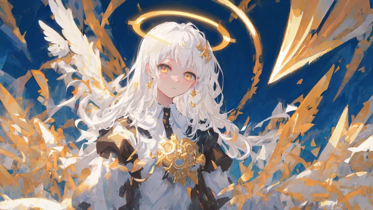 mksks style, masterpiece, best quality, ultra-detailed, illustration, straight on, face focus, 1girl, white hair, golden eyes, long hair, halo, angel wings, serene expression, looking at viewer, far away