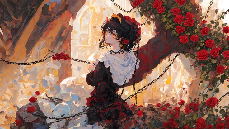 masterpiece, best quality, ultra-detailed, illustration, straight on, 1girl, black hair, yellow eyes, red roses, chains