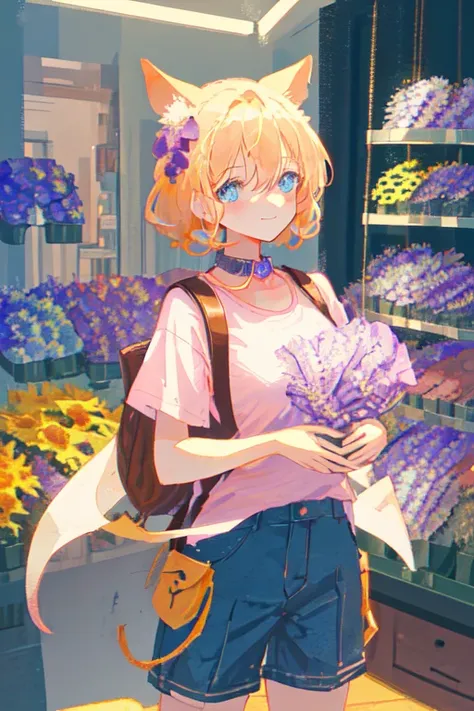 (best quality), ((masterpiece)), (highres), extremely detailed girl, solo, sharp focus,((((((flower shop)))))), ((cinematic lighting)), (((character(((1 girl)))))), solo, (((beautiful plain pink t shirt))), pants, standing, light smile, closed mouth, (((((sharp focus))))), (((((masterpiece illustration))))), ((((medium shot)))), shiny hair, short hair, blonde hair, curly hair, hair between eyes, beautiful detailed eyes, blue eyes, jewel-like eyes, diamond-shaped pupils, large breasts, animal ears, beautiful detailed jewel leather collar, backpack, black legwear,