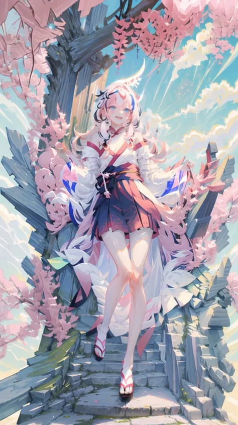 ((masterpiece,best quality))just 1girl,look at the front horizontally, happy, the whole body,Skin whitening,blue eyes,thin,Thigh length,slender waist, long hair,pink hair,white clother, outdoors,white hanfu,china style,(off shoulder),Exposed legs,cloudy weather,Trees, flowers, summer,Stone floor ,wide vision,<lora:gachaSplashLORA_oldGachaSplashFar:0.8>