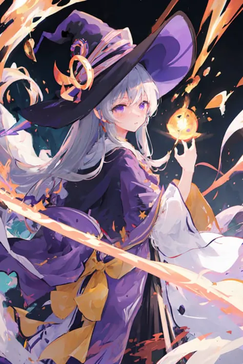 masterpiece, best quality, ultra-detailed, illustration, 1girl, witch hat, gray hairwielding a yellow staff blasting yellow energy, purple beam, purple effects, dragons, chaos <lora:majoNoTabitabiElaina_v30:0.3:CHARACTER>