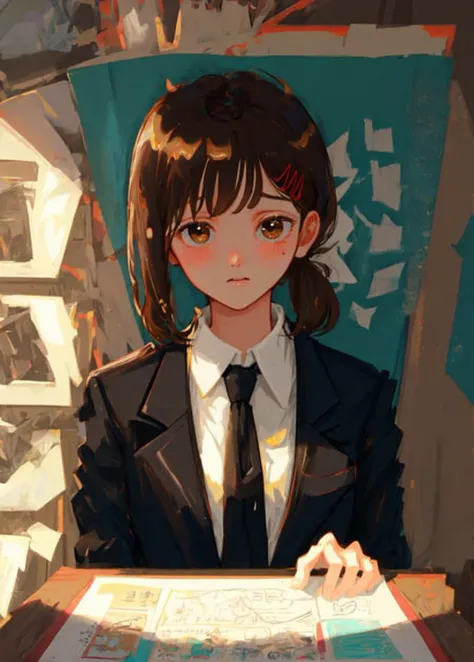 masterpiece, best quality, ultra-detailed, illustration, close-up, straight on, face focus, 1girl, brown hair, blushing, blazer, black necktie, white collared shirt, black suit (brown eyes), <lora:kobeni_v10:1>