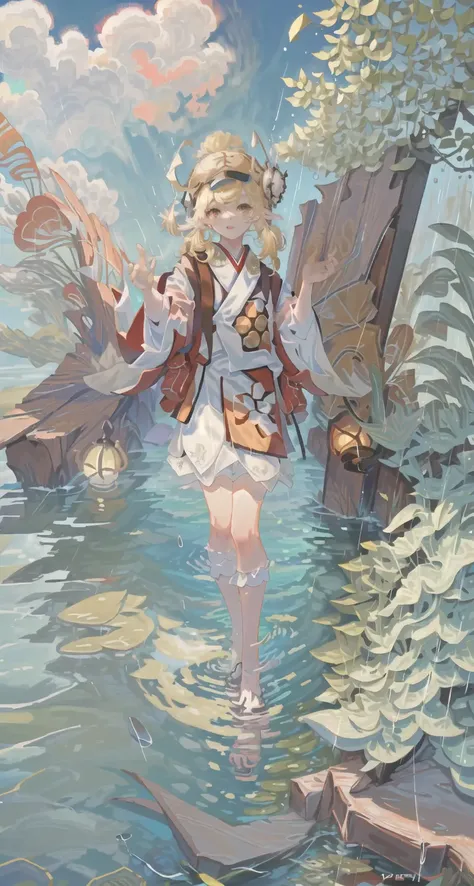 (Highest picture quality), (Master's work),((only face))) klee\(genshin impact\) (((dressed in a white kimono) without hat), 1girl, (ultra-detailed),the portrait is centered,(close-up:1.0),anime girl,(solo),(floating colorful cloud:1.0),(many colorful cloud, raindrop, flower leaf:1.0),((rain)), (mountains in background), blond hair, (holding umbrella in hand), white umbrella, legs in the water, dappled sunlight,[(alternative dress)], (floating light ribbons:1.0), (leaning forward:1.2),(hands up:1.0), (stand in water), (facing viewer:1.3),(dynamic pose:1.1), sky,(outdoors,outside:1.1),(standing on one leg:1.1),((full body:1.0)), ((red geta)), tabi, (white kimono), ((rein)), (holding white umbrella in hand), (white umbrella), ((feets in the water)), (grim expression:1.0), (stand in water)<lora:kleeGenshinImpact_kleeGenshinImpact:1>