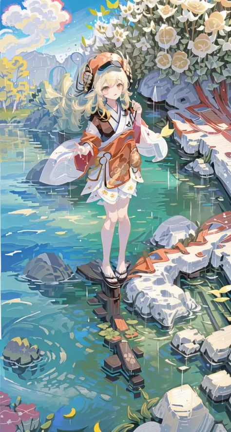 (Highest picture quality), (Master's work),((only face))) klee\(genshin impact\) (((dressed in a white kimono) without hat), 1girl, (ultra-detailed),the portrait is centered,(close-up:1.0),anime girl,(solo),(floating colorful cloud:1.0),(many colorful cloud, raindrop, flower leaf:1.0),((rain)), (mountains in background), blond hair, (holding umbrella in hand), white umbrella, legs in the water, dappled sunlight,[(alternative dress)], (floating light ribbons:1.0), (leaning forward:1.2),(hands up:1.0), (stand in water), (facing viewer:1.3),(dynamic pose:1.1), sky,(outdoors,outside:1.1),(standing on one leg:1.1),((full body:1.0)), ((red geta)), tabi, (white kimono), ((rein)), (holding white umbrella in hand), (white umbrella), ((feets in the water)), (grim expression:1.0), (stand in water), rainfall<lora:kleeGenshinImpact_kleeGenshinImpact:1>
