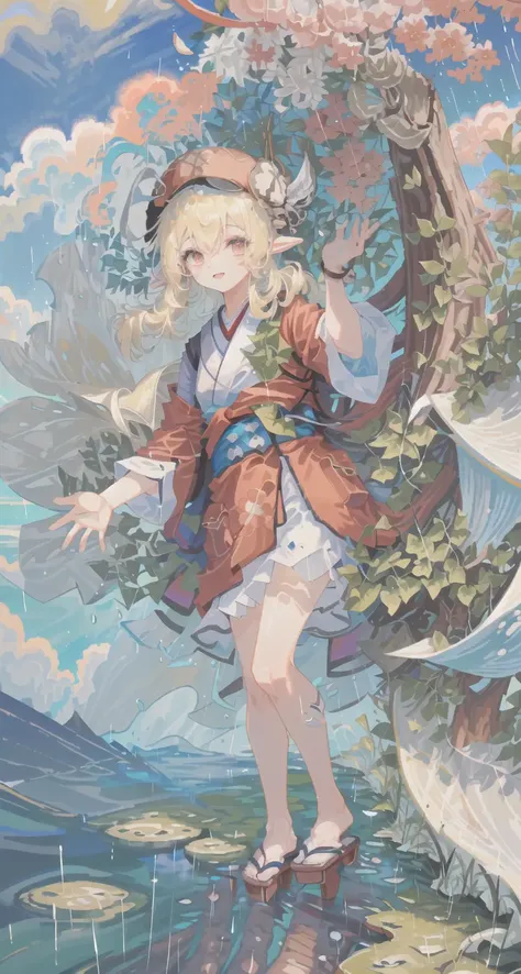 (Highest picture quality), (Master's work),((only face))) klee\(genshin impact\) (((dressed in a white kimono) without hat), 1girl, (ultra-detailed),the portrait is centered,(close-up:1.0),anime girl,(solo),(floating colorful cloud:1.0),(many colorful cloud, raindrop, flower leaf:1.0),((rain)), (rocks in background), blond hair, (holding umbrella in hand), white umbrella, legs in the water, dappled sunlight,[(alternative dress)], (floating light ribbons:1.0), (leaning forward:1.2),(hands up:1.0), (stand in water), (facing viewer:1.3),(dynamic pose:1.1), sky,(outdoors,outside:1.1),(standing on one leg:1.1),((full body:1.0)), ((red geta)), tabi, (white kimono), ((rein)), (holding white umbrella in hand), (white umbrella), ((feets in the water)), (grim expression:1.0), (stand in water)<lora:kleeGenshinImpact_kleeGenshinImpact:1>