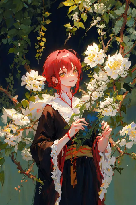 negative space,shuimobysim , portrait of a woman standing , willow branches, (masterpiece, best quality:1.2), traditional chinese ink painting, modelshoot style, peaceful, (smile), looking at viewer, wearing long hanfu, hanfu, song, willow tree in background,corneo_mercy,   <lora:makimaChainsawMan_offset:0.6>,short hair, red hair