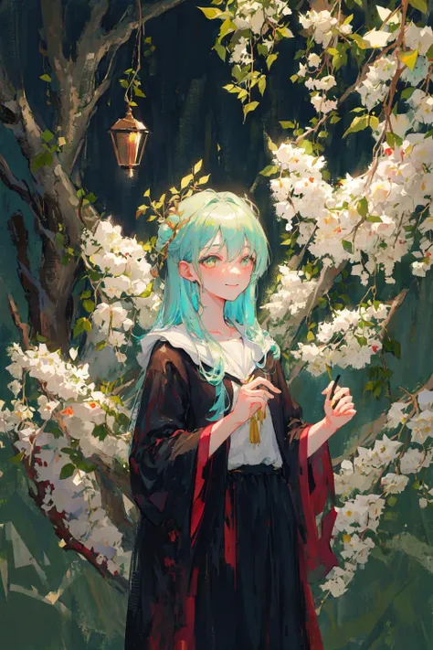 negative space,shuimobysim , portrait of a woman standing , willow branches, (masterpiece, best quality:1.2), traditional chinese ink painting, modelshoot style, peaceful, (smile), looking at viewer, wearing long hanfu, hanfu, song, willow tree in background,corneo_mercy,