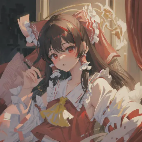 masterpiece, best quality, ultra-detailed, illustration, portrait, hakurei reimu, 1girl, throne room, dimly lit