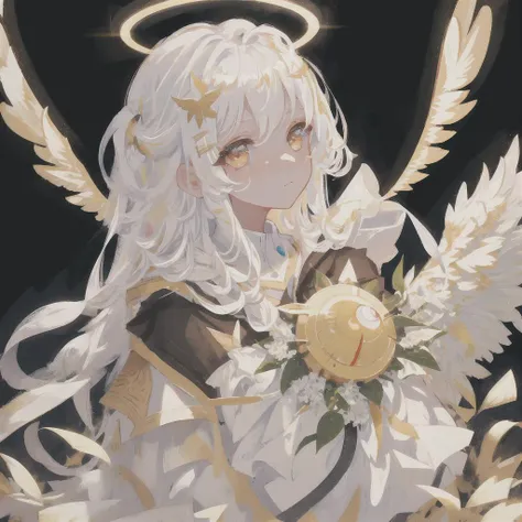 masterpiece, best quality, ultra-detailed, illustration, close-up, straight on, face focus, 1girl, white hair, golden eyes, long hair, halo, angel wings, serene expression, looking at viewer